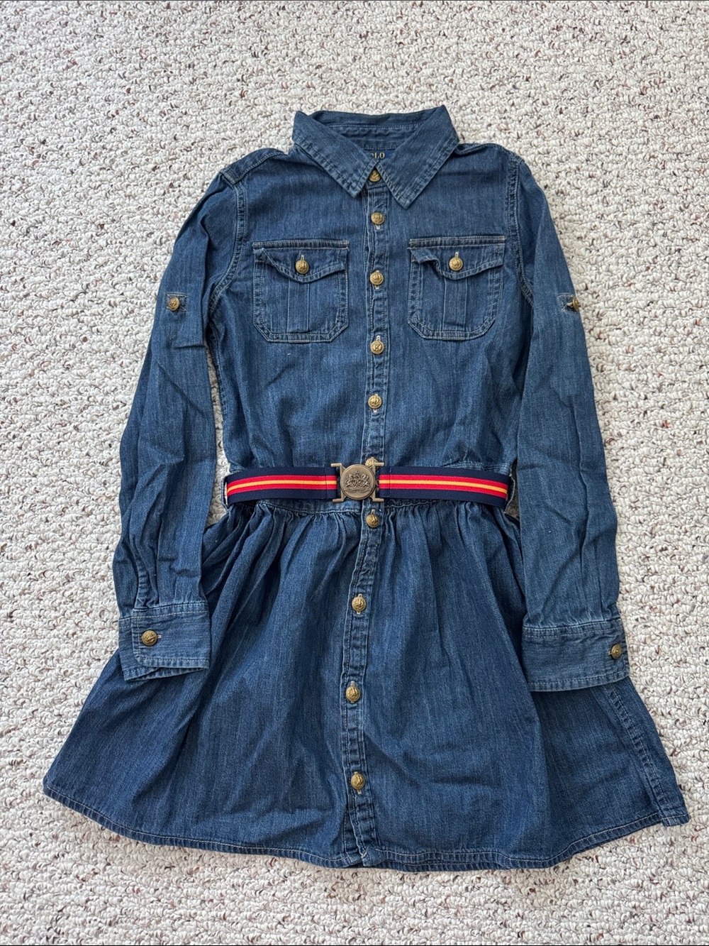 Polo Ralph Lauren Girls Dark Blue Denim Shirt Dress with Striped Belt size 12